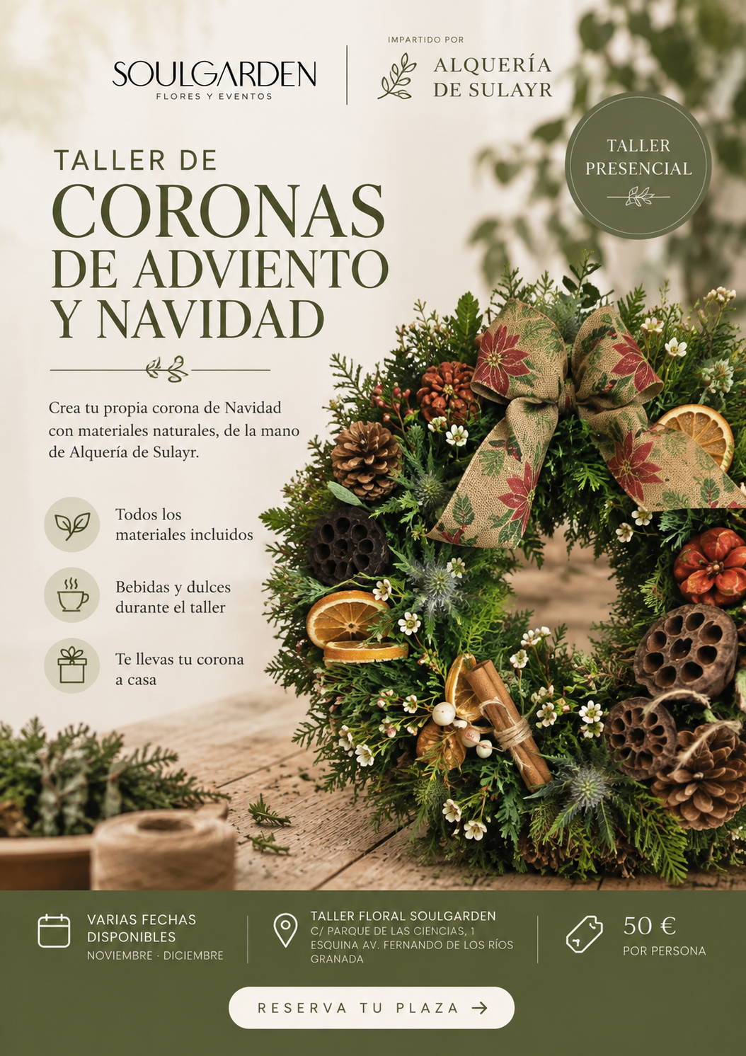 Taller de coronas de Adviento y Navidad en Granada impartido por Alquería de Sulayr en Soulgarden
