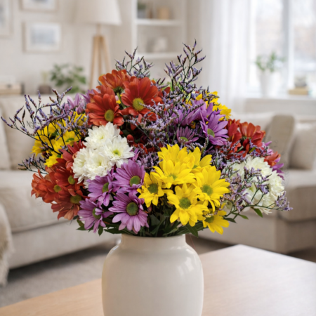 Ramo de flores variadas en jarrón blanco sobre mesa de madera en salón de estilo nórdico.