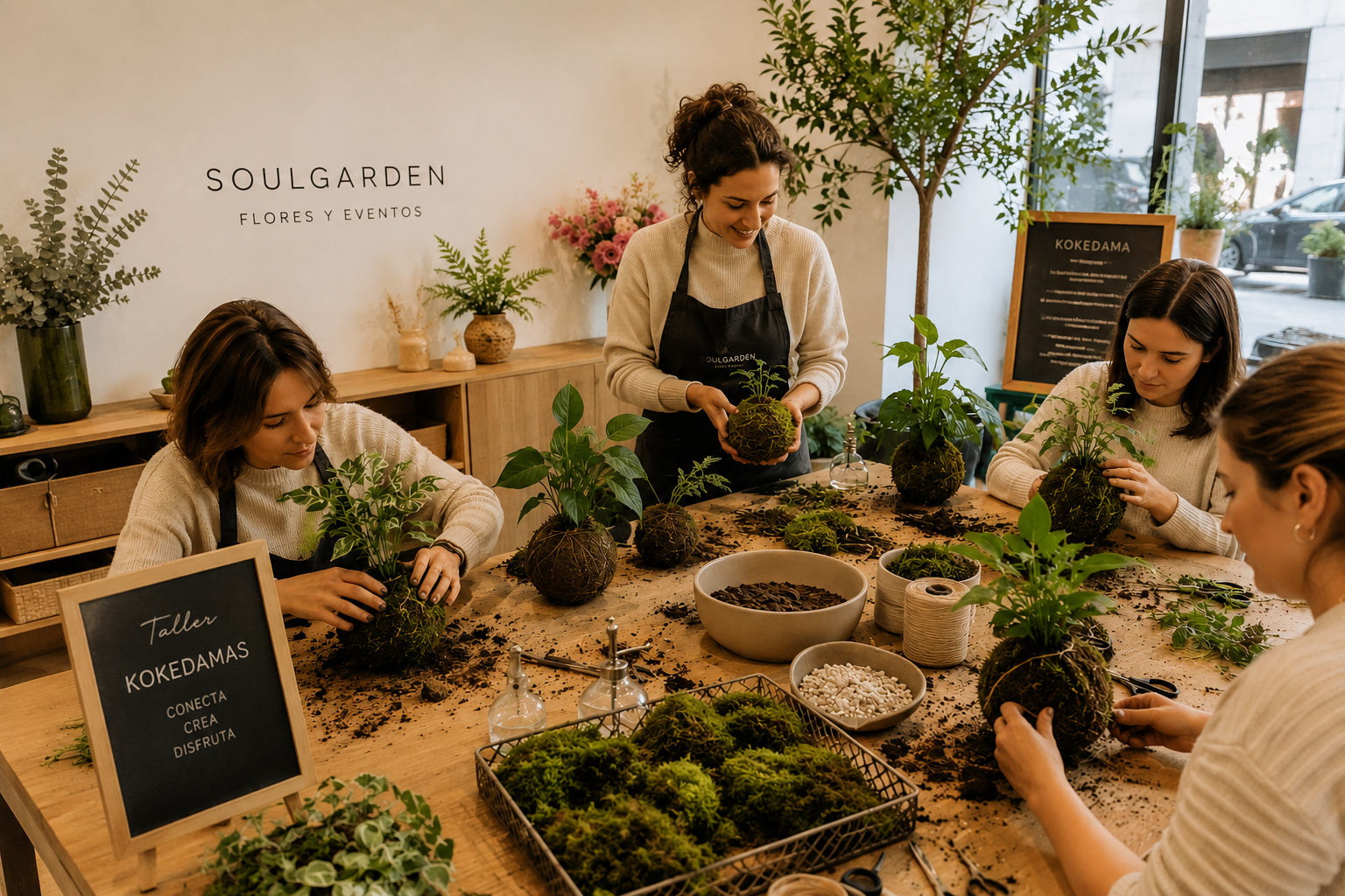 Participantes realizando un taller de kokedamas en Soulgarden Granada creando jardines japoneses con musgo y plantas naturales.