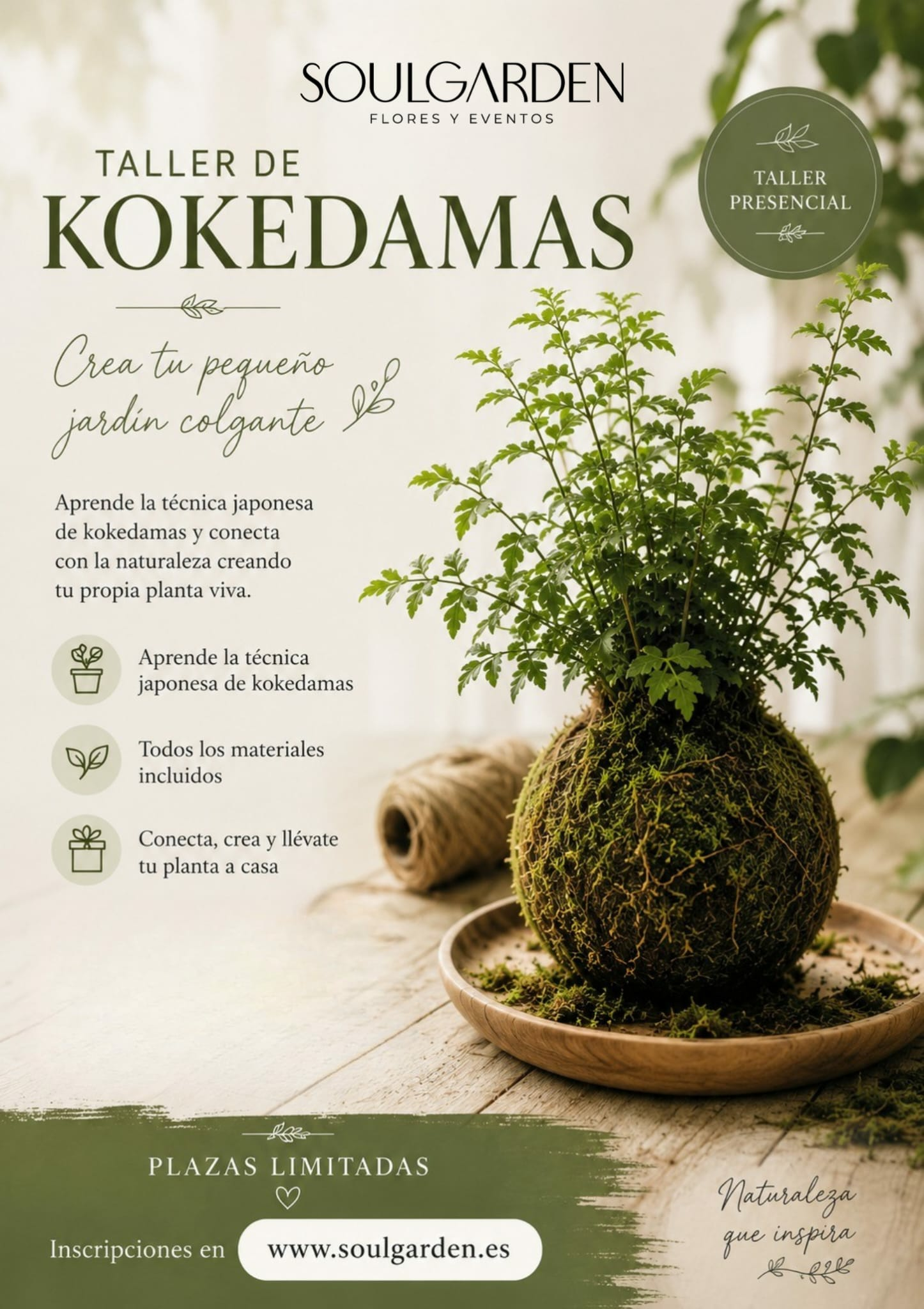 Cartel del Taller de Kokedamas de Soulgarden en Granada. Aprende a crear una kokedama japonesa el jueves 6 de agosto de 19:00 a 20:30.