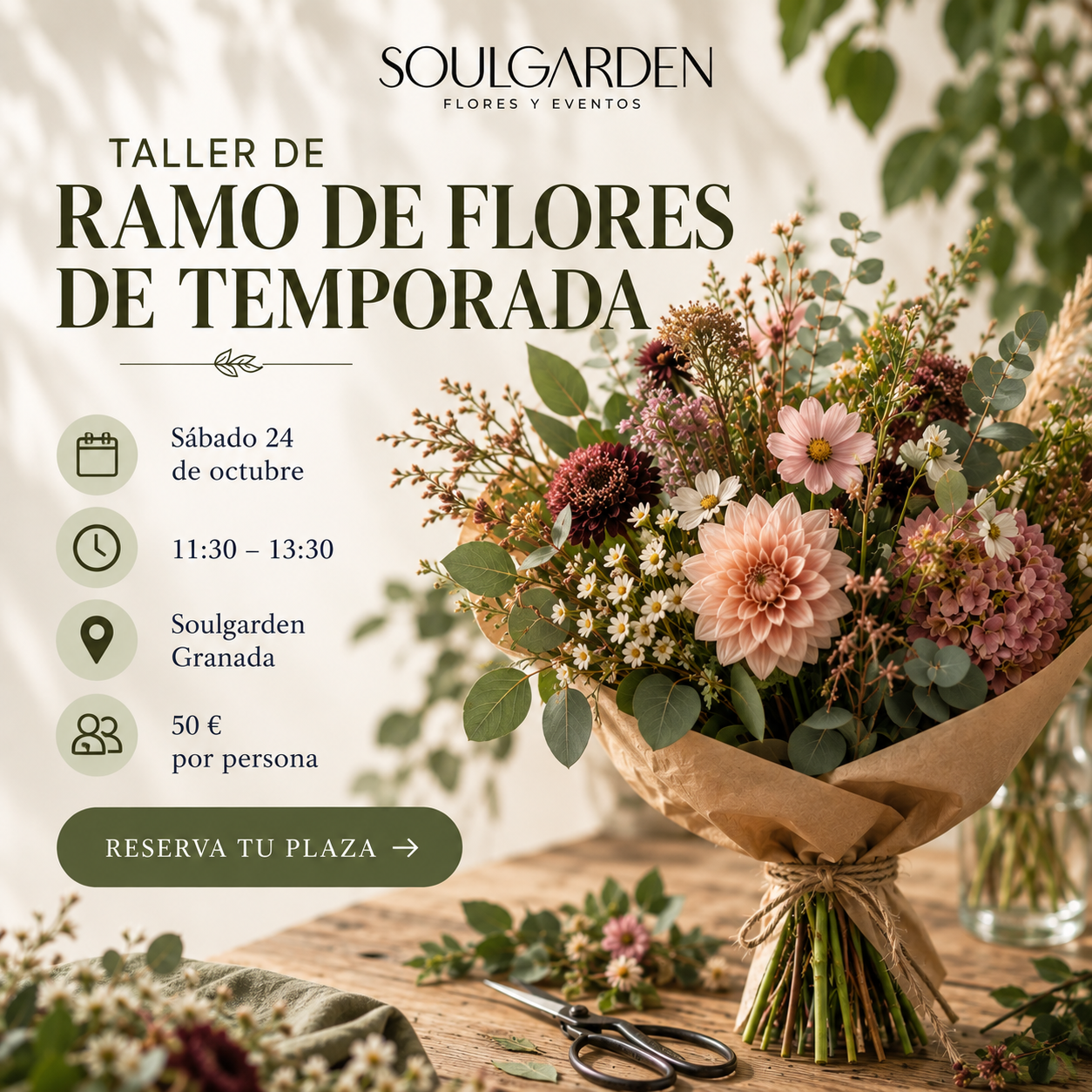Taller de ramo de flores de temporada en Granada con bouquet de flores frescas