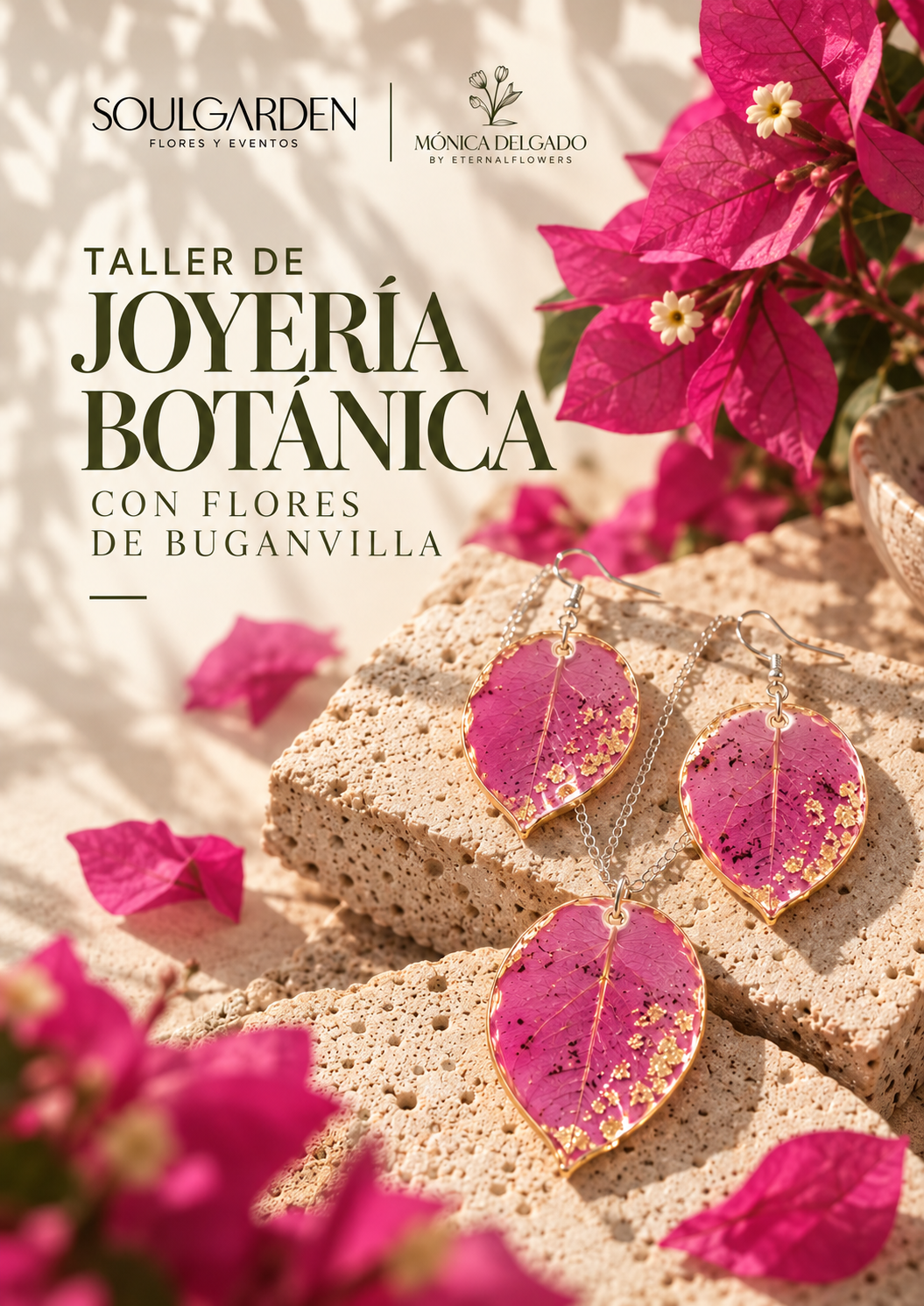 Taller de joyería botánica con flores de buganvilla prensadas en Granada – Soulgarden